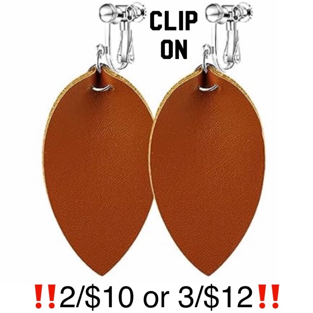 Adjustable Clip On Leaf Shaped Brown Faux Leather Earrings